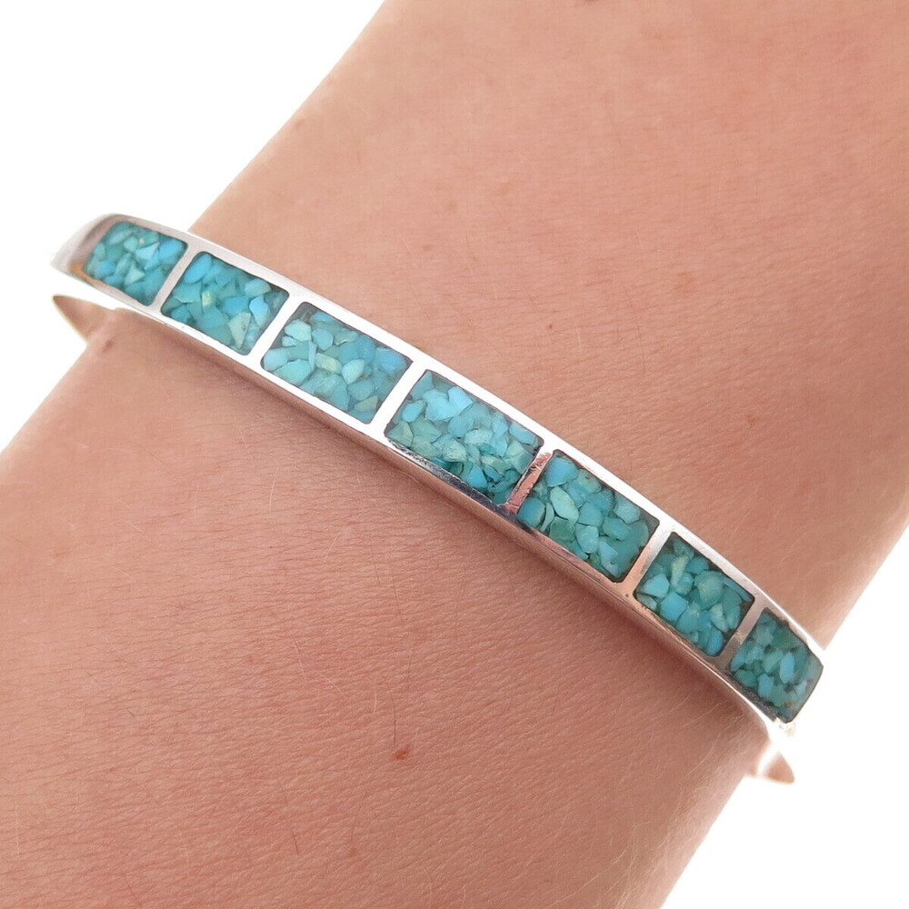 Old Pawn 925 Sterling Silver Vintage Turquoise Inlay Adjustable Cuff Bracelet 6"